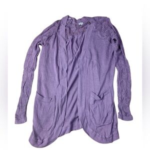 Kismet Lavender Crochet Sleeve Open Front Cardigan - M
